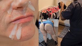 Caught perverted plumber sniffing my dirty panty in bathroom, so I let him cum on my face