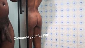 Hot ebony woman in shower with boyfriend and cousin