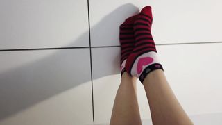 Her Gorgeous Legs into Red Striped Socks are Filthy