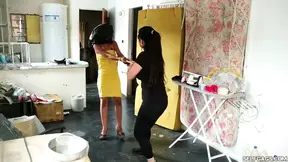 Party girl gets tied up by scened MILF in yellow dress