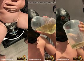 Devilbondageslave in chastity drinking his own piss