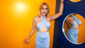 ”Large tits blonde Asian trans hoe P-O-V blowjob & hard ass pumping”