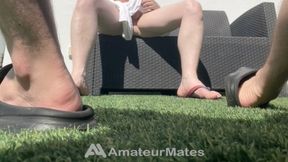 Spied on my flatmate free-balling under his towel, teasing me by playing with the towel and his cock, and teased him back with my boner
