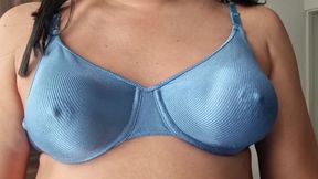 Caressing My Hard and Firm Tits Under My Silky Shiny Blue Nylon Bra, Vintage Bra 90s Lingerie