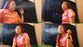 Asian Goddess smoking a hand rolled cigarette in pink silk pajamas 96 Non Nude ****mp4****