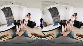 Stunning TS duo delivers threesome orgasms on living room floor