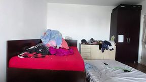 Sexy mom has fun trying on her clothes and cutting them off  A brunette with a hairy pussy and big tits