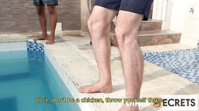 Step son catches his swim coach riding mom bareback in reverse cowgirl