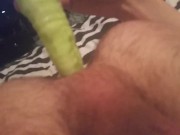Very skinny shoves cucumber up his small anus