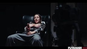 Slutty blonde gets facefucked by a dominant trans brunette with a massive futa cock