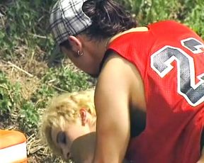 Big boobed German slut rides dick in nature
