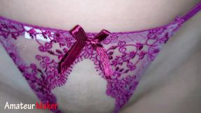 Huge cum on pussy wearing crotchless panties!