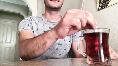 Very hairy solo man cum on kitchen table while smoking and tea