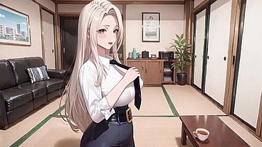 AI Generated - From Lazy Desk to Private Bedroom! White shirt slightly sheer, tight skirt hugging curves. Sun-drenched and teasing, she touches her chest shyly while looking back.