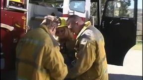 Starving blonde whore is serving the whole fire team right on the fire-truck