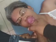 cumshots and blowjobs where I suck my stepson's big cock at home, I'm a perverted whore