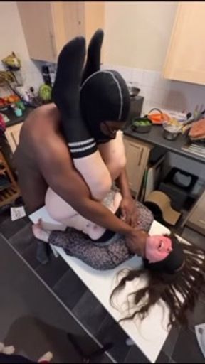 Masked muscular black man gives thick tattooed milf her present while Christmas dinners in the oven