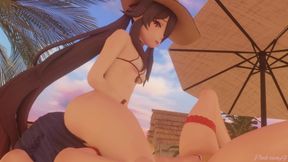 Hu Tao & Xiangling - Lesbian Femdom Action on Beach