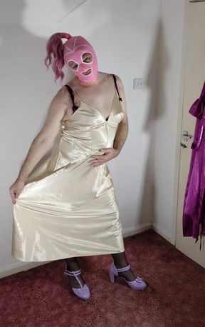 UK TV Slut Nottstvslut Sexy Gold Satin Black Stockings Pink Latex Hood