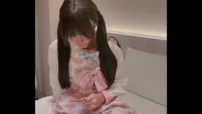 Cute big-dick femboy Aroma jerks off in a pink dress and cums