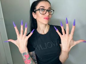 Finger snapping and sucking fingers with long purple nails, glasses and face