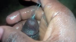 He offload is thick heavy cum on her pussy.