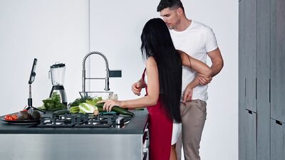 Sexy stepsister Asandra Dewy seduces stepbrother with big dick to fuck her wet cunt in the kitchen
