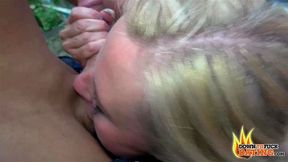 PublicSexDate Sexy Blonde Dirty MILF Tina Swallows 2 Cocks Behind Public Building