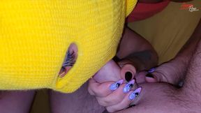 Milf makes a blowjob in a mask.Oral creampie