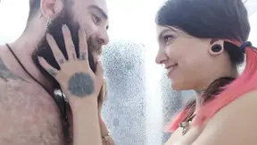 Tattooed babe Iron-biker gets fucked in the shower, faces cumshot