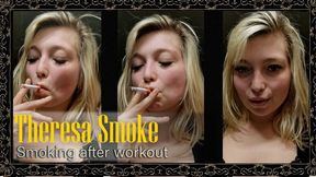 Theresa Smoke relaxes after a workout, slowly smoking a cigarette in an intimate close-up