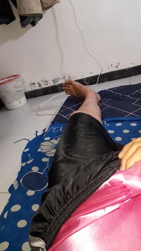 Wearing Satin Pink Lingerie Inside Shorts and Cum Into It