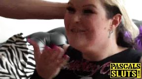 Chubby punk rock blonde goes deepthroat on cock