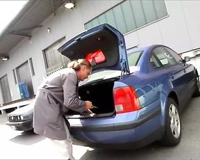 German slut gets her pierced fucked on a parking lot
