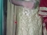 Indian gay Crossdresser Gaurisissy xxx sex in Golden Saree pressing his boobs and fingering his ass