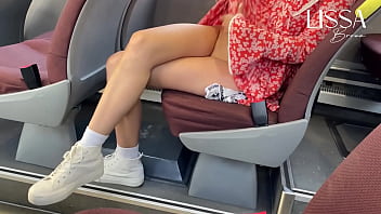 Latina woman in a dress masturbates on public bus