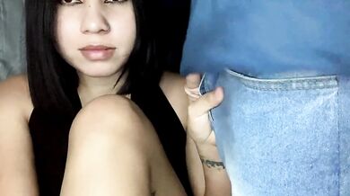 Cowgirl riding spills cum inside under tight petite frame