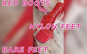 Lady Angela Red Pleaser Boots Nylon Feet and Bare Feet Foot Tattoo Pedicure MILF