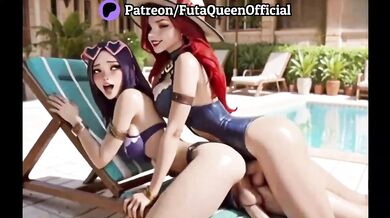 Purple-haired redhead creampie threesome poolside with huge Futa