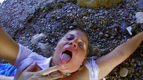 horny older bbw milf convinces her distracted husband to have anal sex on the beach.